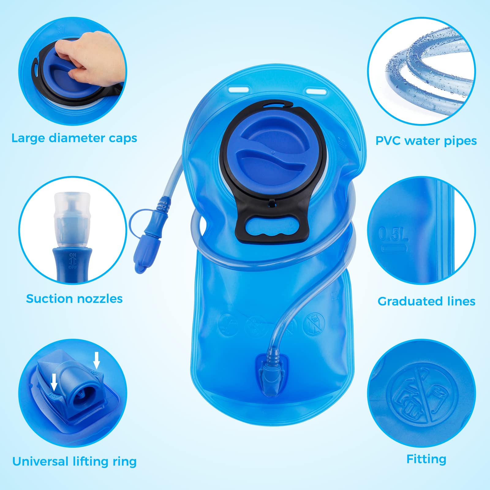 Bolla d'acqua da 2 l, per esterni, con valvola a morsa e spazzola per la pulizia, zaino senza BPA, a prova di perdite, per escursioni, campeggio, ciclismo e arrampicata