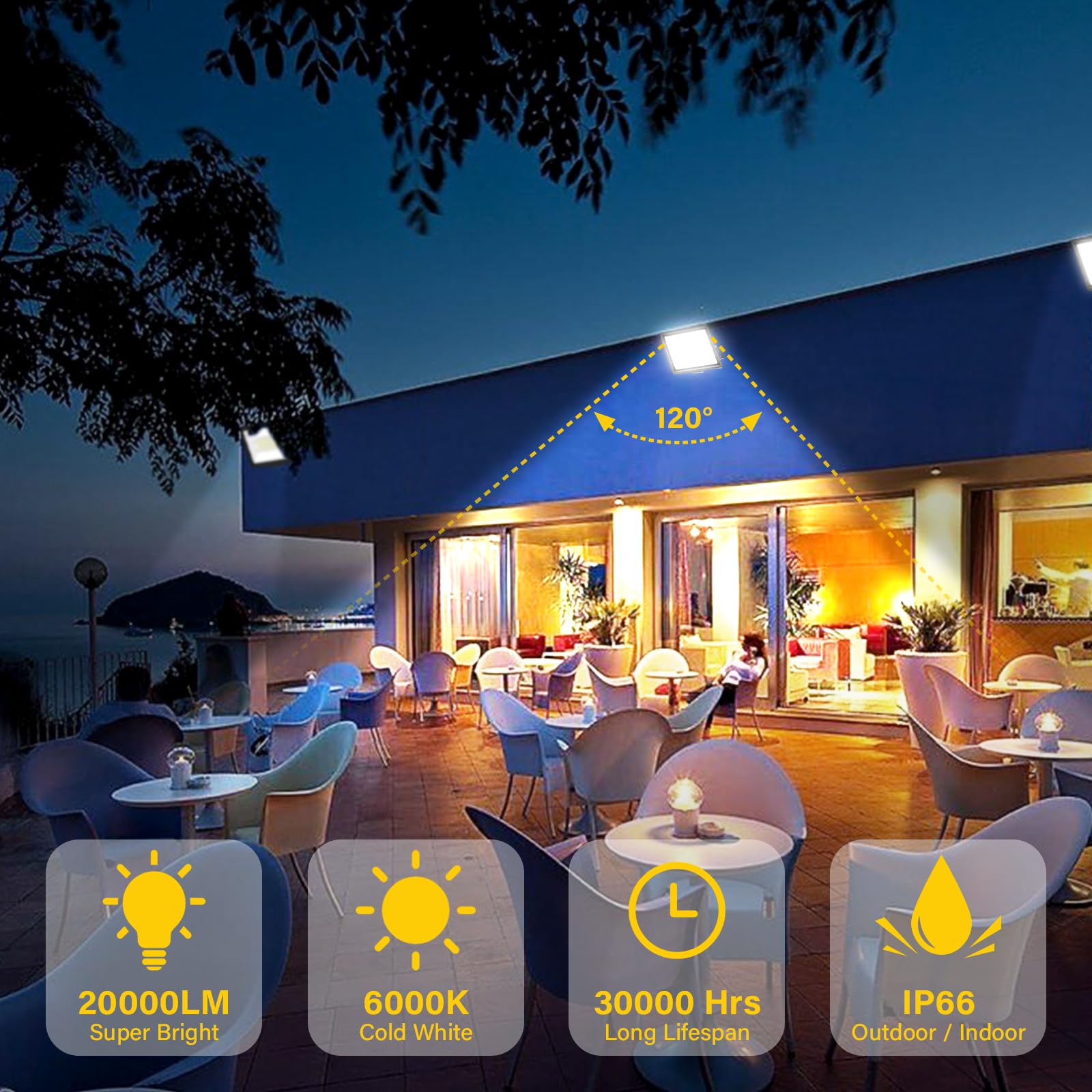 RIGIDON led strahler außen & innen mit stecker, 1x 200W 20000lm spotlight | 230V, wasserdicht, 6000K kaltweiß, fluter scheinwerfer flutlicht, baustellen arbeitsstrahler, für garten garage terrassen hof
