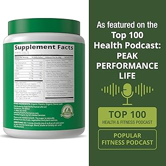 Peak Performance Organic Greens Superfood Powder. Best Tasting Super Greens Powder with 25+ Organic Ingredients for Max Energy and Athletic Performance. Vegan Keto Green Juice Daily Drink