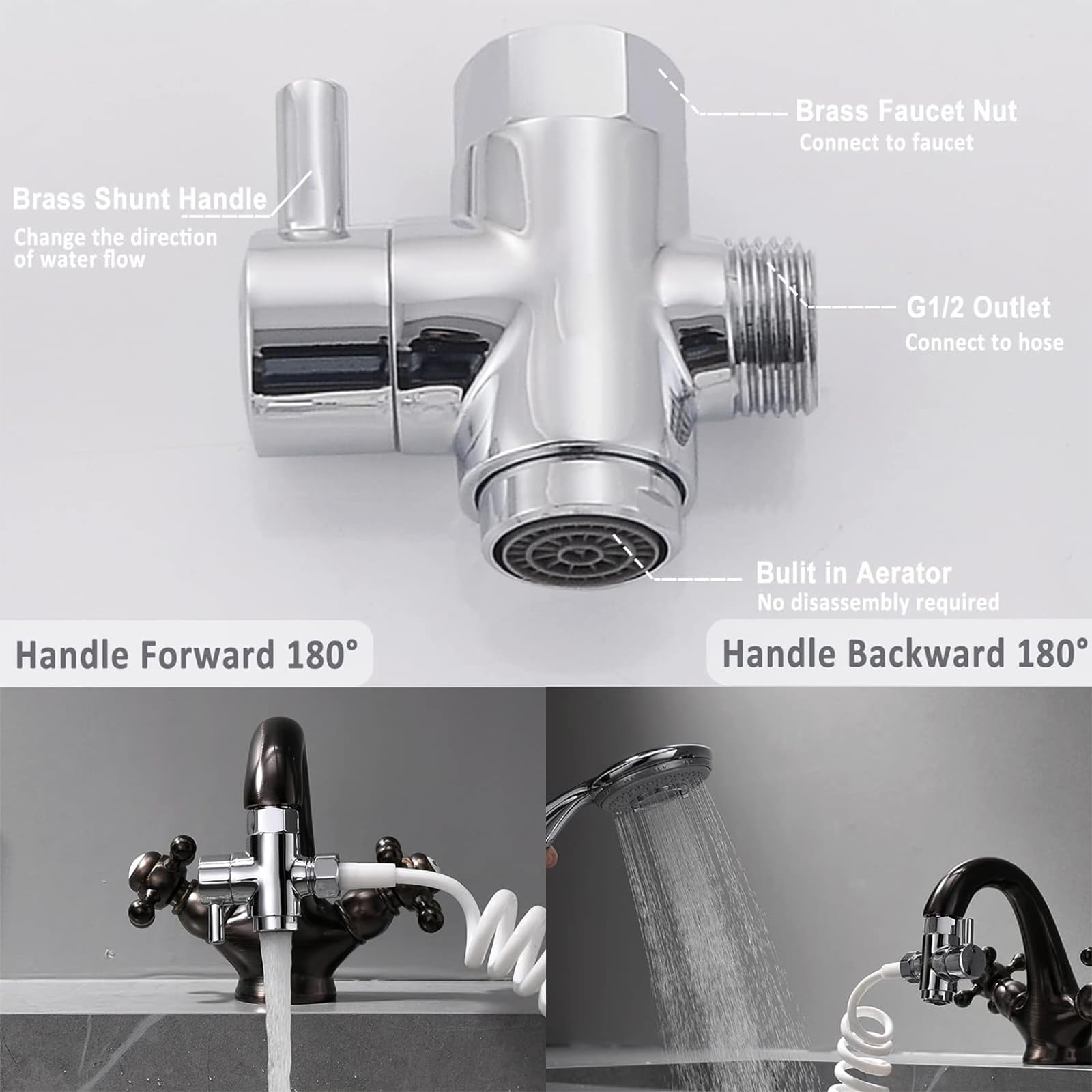 Mosiężny zawór rozdzielający kranu z aeratorem, adapter kranu do mocowania węża zlewu, 3-drożny rozdzielacz baterii z adapterem gwintu męskiego, złącze kranu do łazienki/kuchni (chromowany)