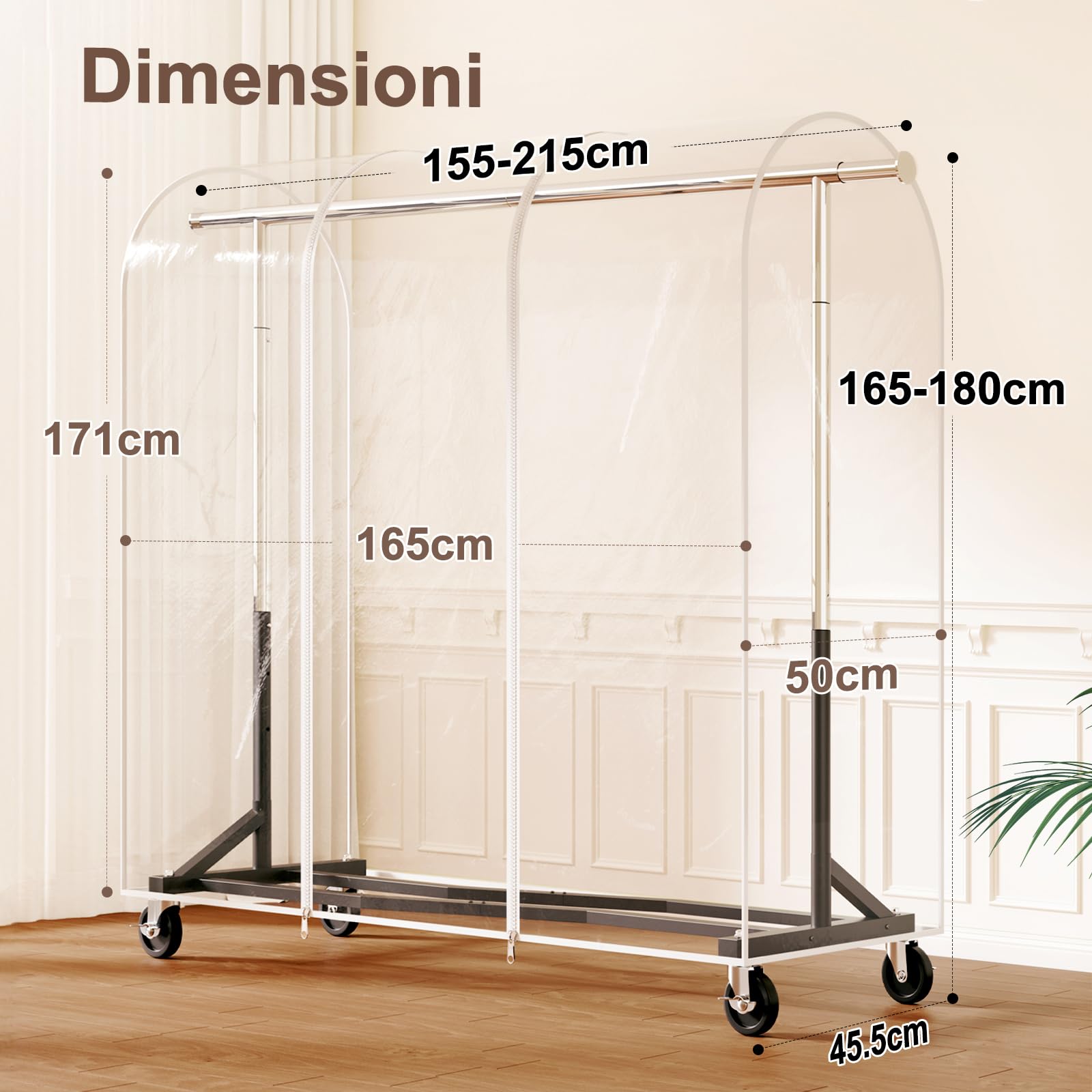 HOKEEPER Porta Abiti Resistente con Ruote e Copertura Antipolvere, Appendiabiti Mobile da 204kg con Ruote e Ripiano per Camera da Letto, Lavanderia
