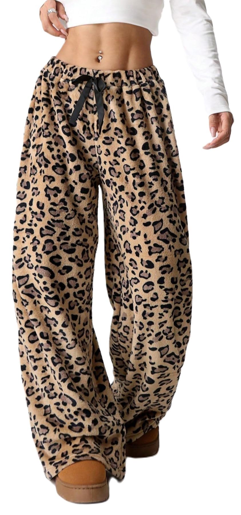 WINKEEY Pantaloni Pigiama Donna Invernali in Flanella Pantaloni comodi e morbidi in pile con stampa leopardata per la casa
