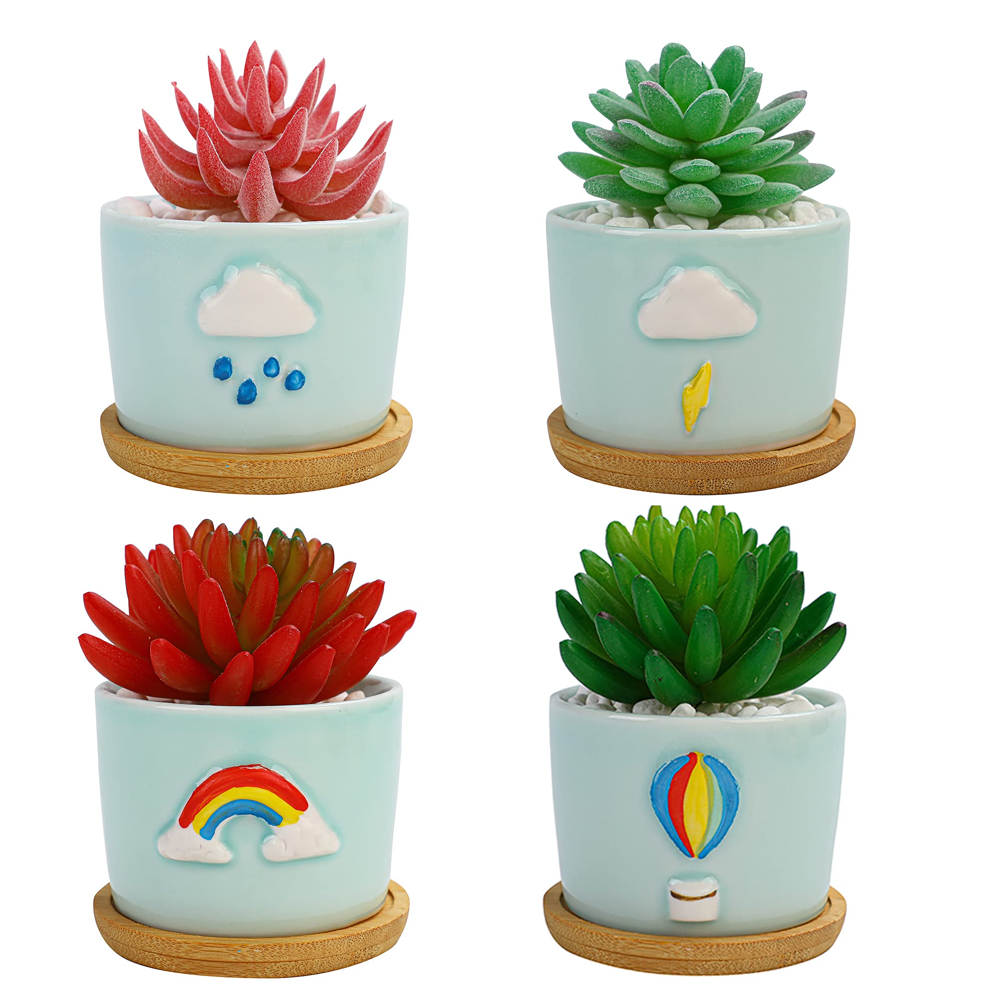 8.5 CM Cute Ceramic Succulent Garden Pots, Planter with Drainage and Attached Saucer -Plants Not Included (Weather)