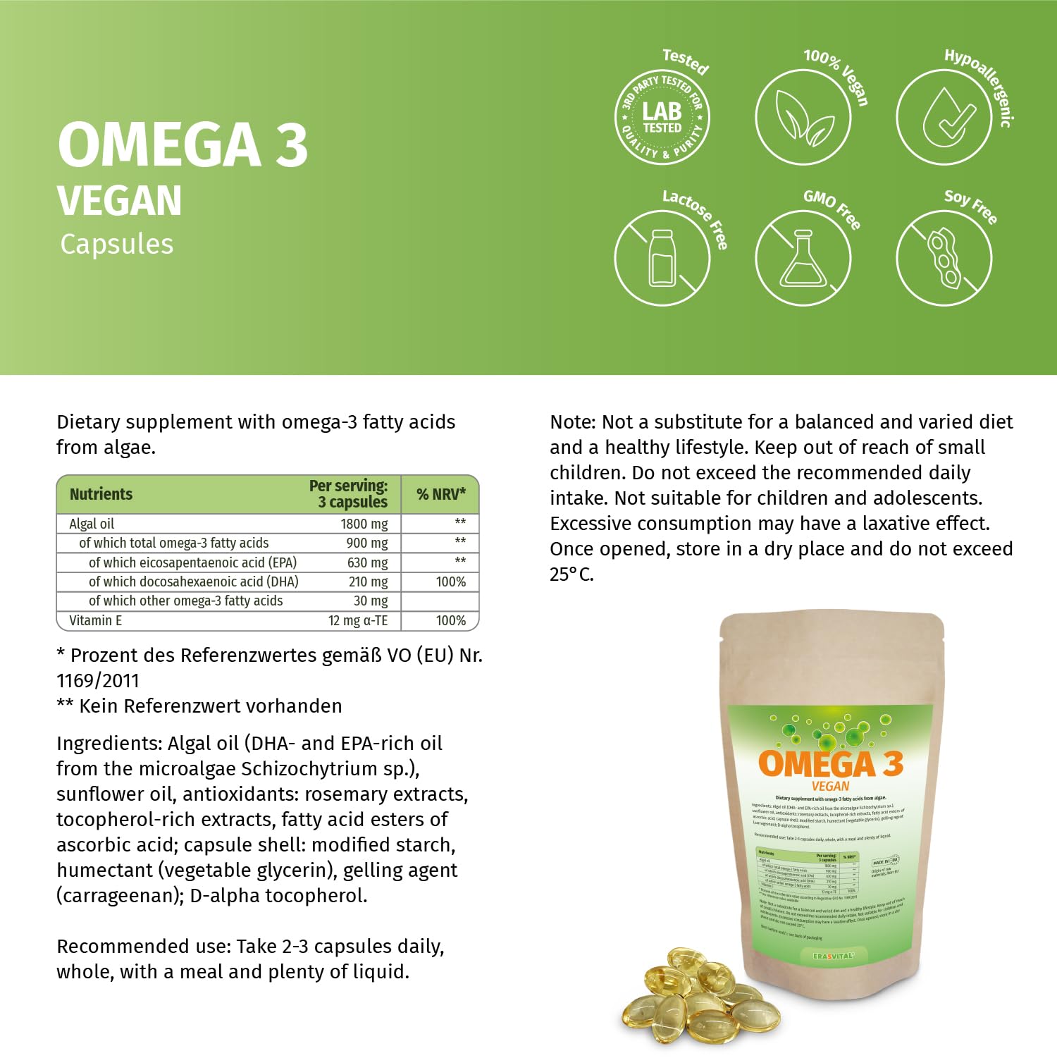 Omega 3 aus reines Algenöl Softgel Kapseln hochdosierte Fettsäuren 630 EPA und 210 DHA + Vitamin E pro Tagesdosis, Vegan (1080 stück (1er Pack))