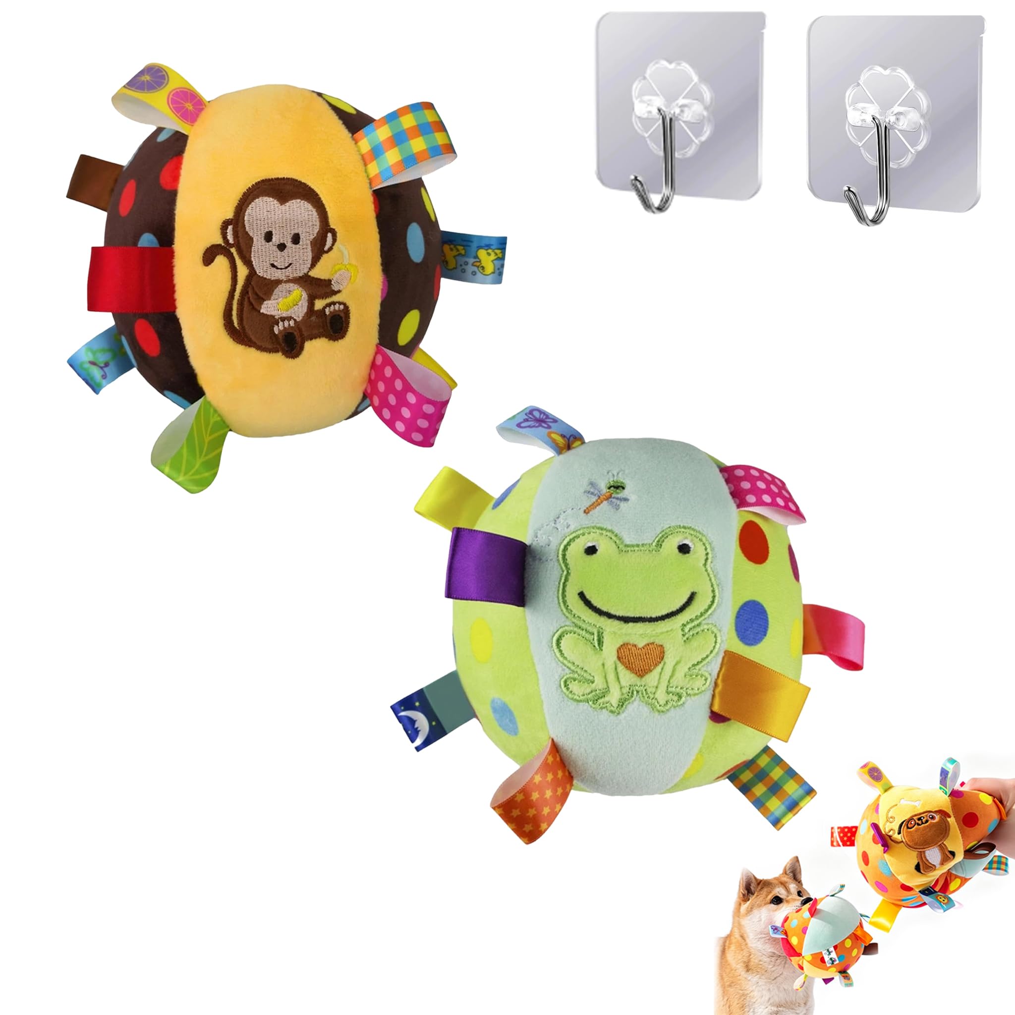 Colorful Squeaky Hanging Dog Training Toy, 6-Inch Soft Stuffed Ball with Cotton Material & Built-in Bell, Interactive Elasticity Chew Toy with Straps for Small to Large Dog (2PCS/H)