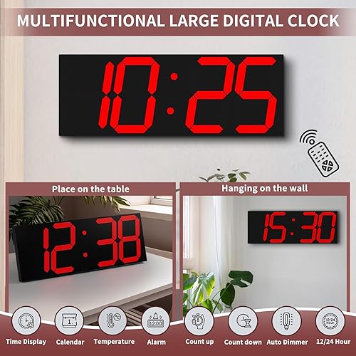 Miniatura 6 de Reloj de pared digital grande de 18.7 pulgadas, reloj digital LED con número grande, reloj de pared multifunción con control remoto con