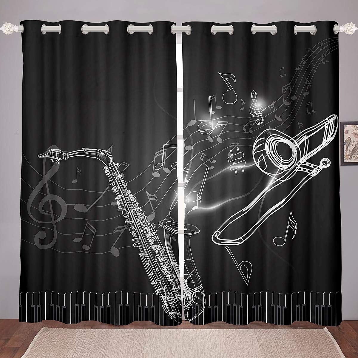 Tendaggi per finestra per sassofono Trombone Tasti pianoforte Jazz Musica Tema Finestra Trattamenti per Ragazzi Ragazze Strumenti Musicali Microfibra Tenda Finestra Camera W66*L90