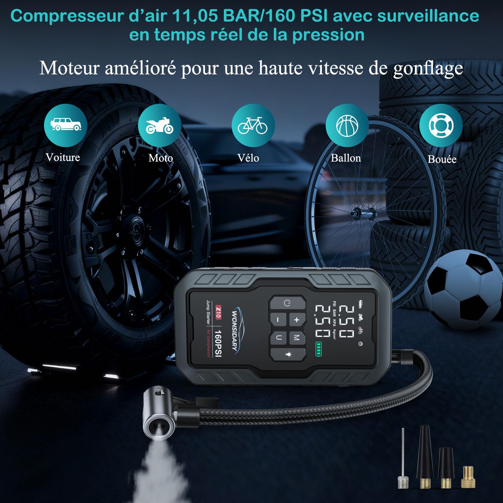Booster Avviamento Auto 7000A con Compressore 160 PSI, 27000 mAh, Avviatore di Emergenza per Auto 12V Benzina & fino a 8.0L Diesel,600 Lumen LED, Kit di Emergenza Portatile per Viaggi