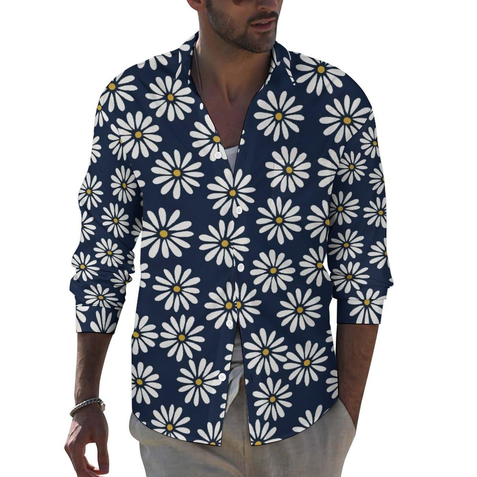 Amazon.co.jp: デイジー柄 花柄 メンズ 長袖 シャツ ワイシャツ