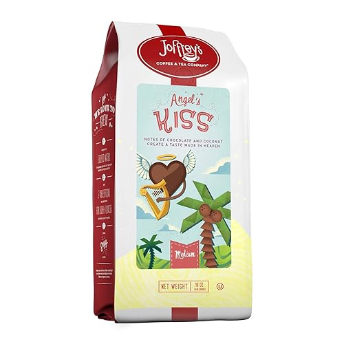 Joffrey's Coffee - Angel's Kiss, tostado medio artesanal, granos de café arábica, sabor a crema de chocolate y coco, sin gluten, kosher, sin azúcar