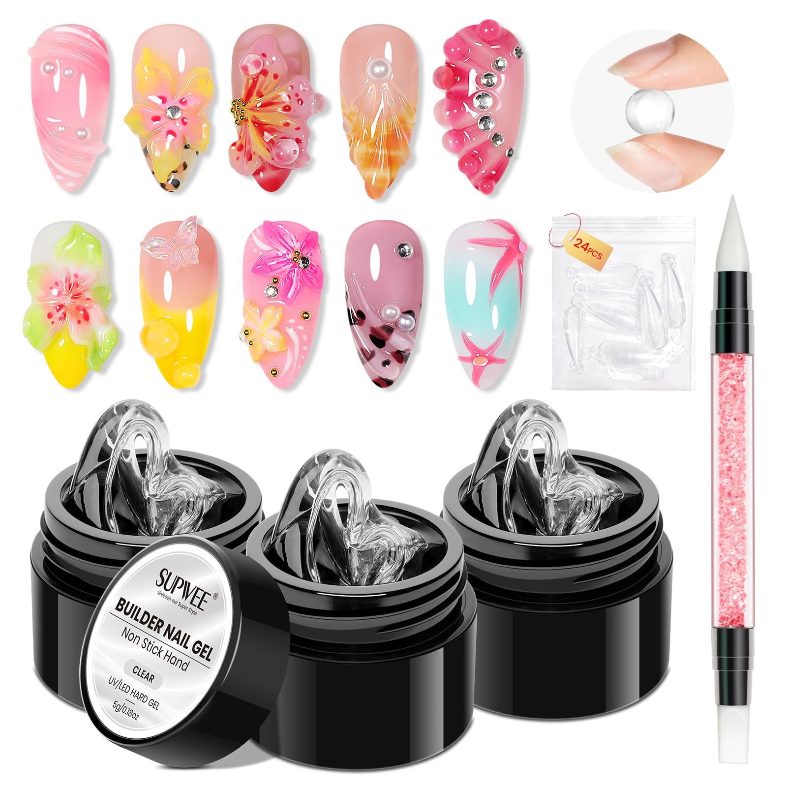 SUPWEE Clear 3D Gel Nail Art, 3 sztuki solidnych żelów do paznokci z silikonowym pisakiem, żel 3D do rzeźbienia paznokci i dekoracji, do domu, salonu DIY, 5 g