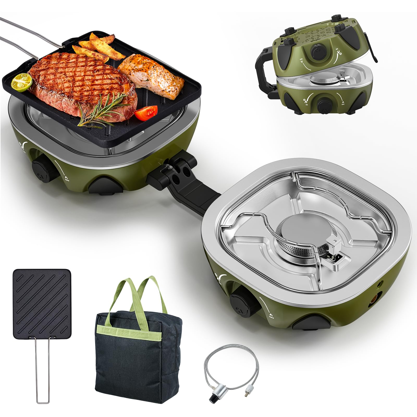 BODEGA 2 Burner Camping Stove, 20000 BTU Folding Propane Camp Stove with Adjustable Burners,Portable Dual Gas Stoves with Carry Handle&Bag Frying Pan for Camping,BBQ,RV,Home,Camping Essentials Gear