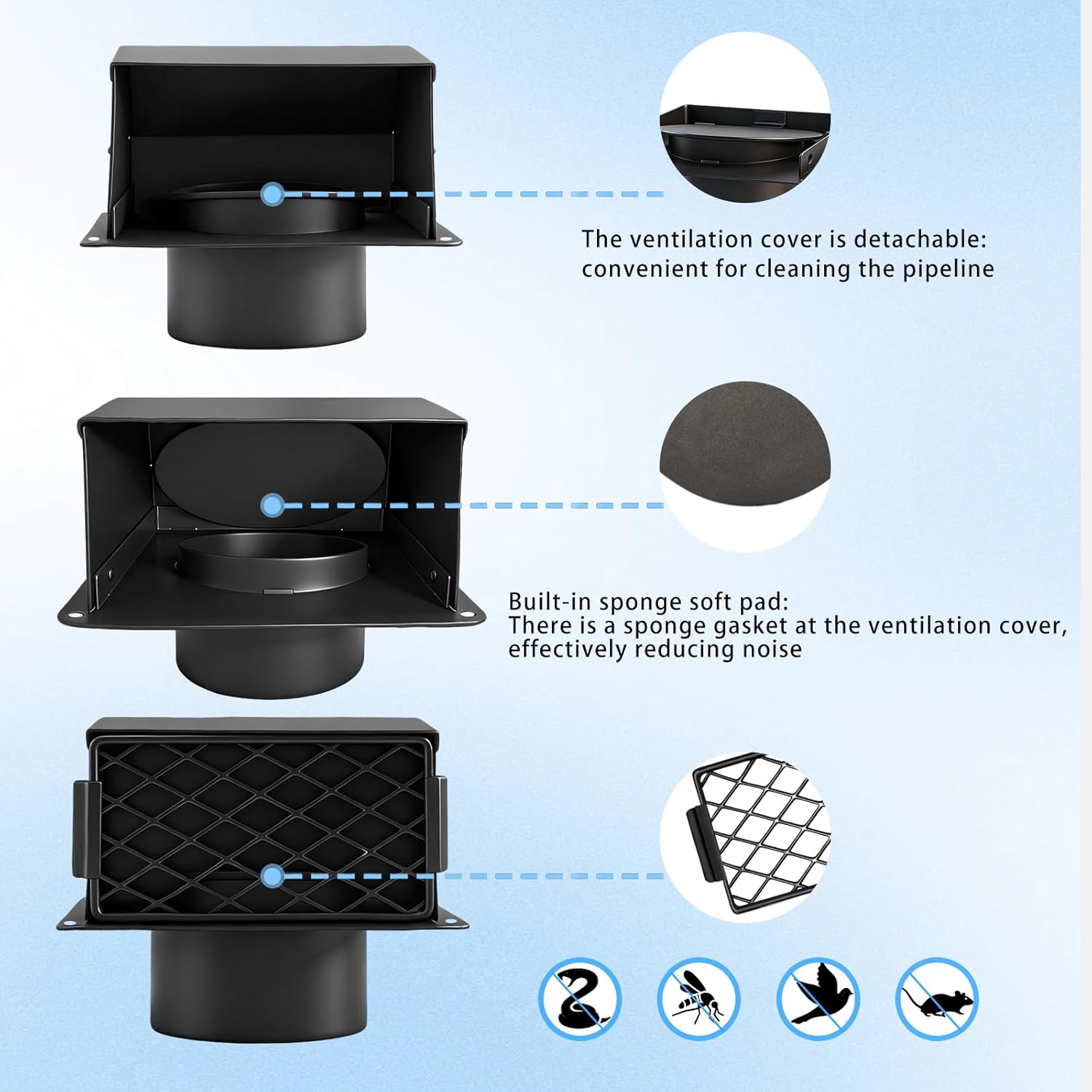 4 Inch Dryer Vent Cover Outside, Metal Exhaust Vent with Detachable Front Cover & Cushioned Non-Return Flap, Easy Maintenance Outdoor Dryer Vent for House, Black