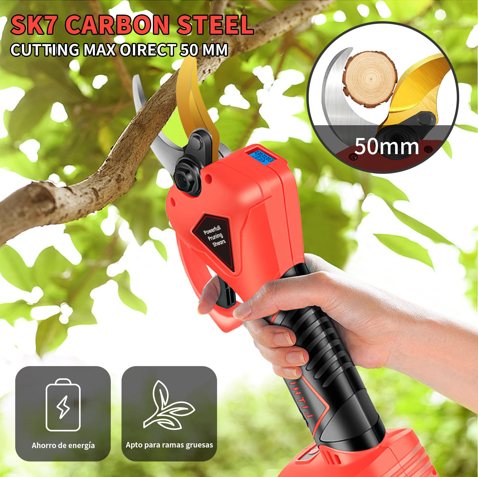 Tijeras de Podar a Batería Profesional con 2 Baterías de 2000mAh Máximo 50 mm, Cuchillas Afiladas Sk7 Motor sin escobillas de tijeras de podar con pantalla LCD para huertos y jardines de viñedos