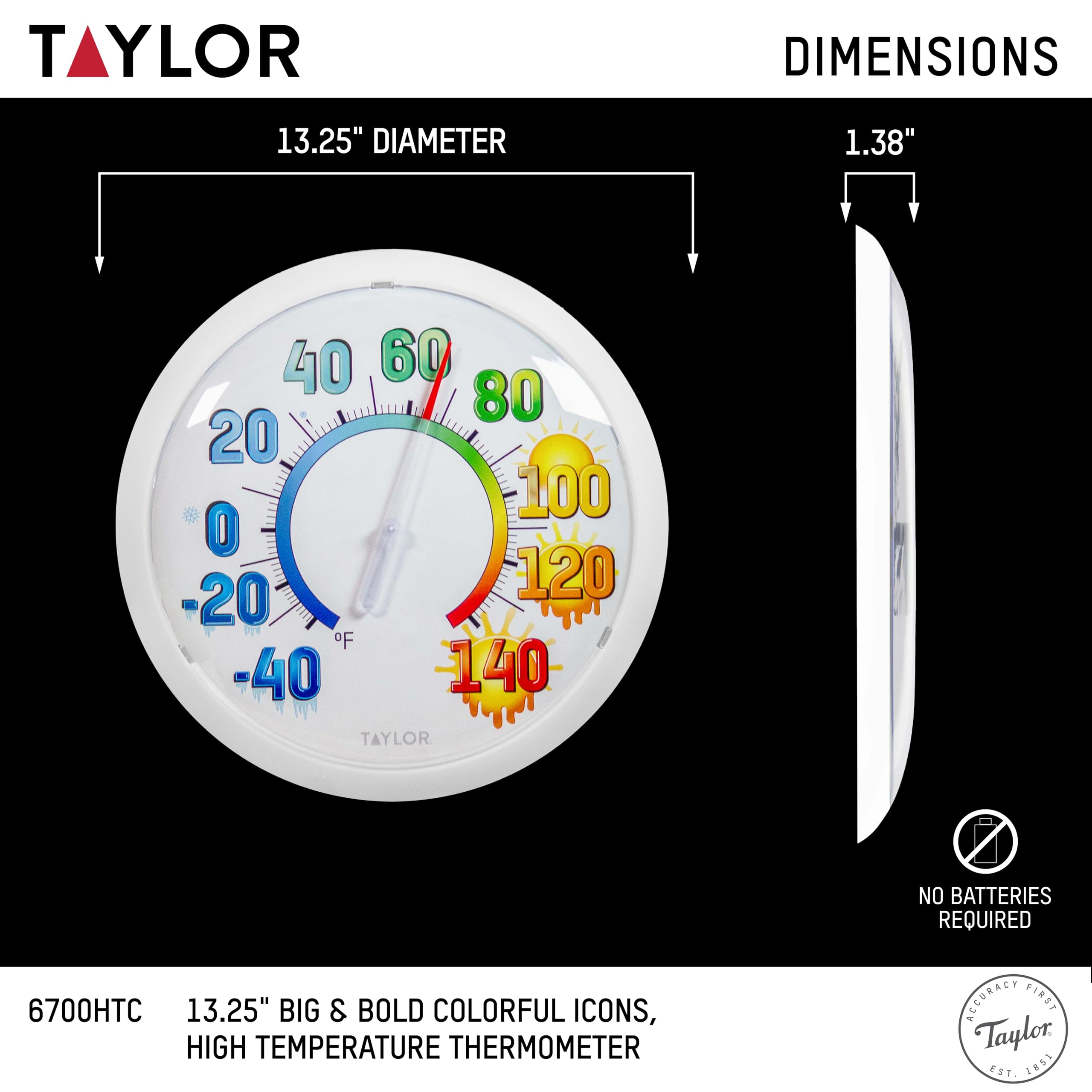 Taylor Icônes colorées grand et audacieux mur haute température thermomètre intérieur extérieur sans fil facile à lire grands chiffres pour patio piscine intérieure, résistant aux intempéries 13,25