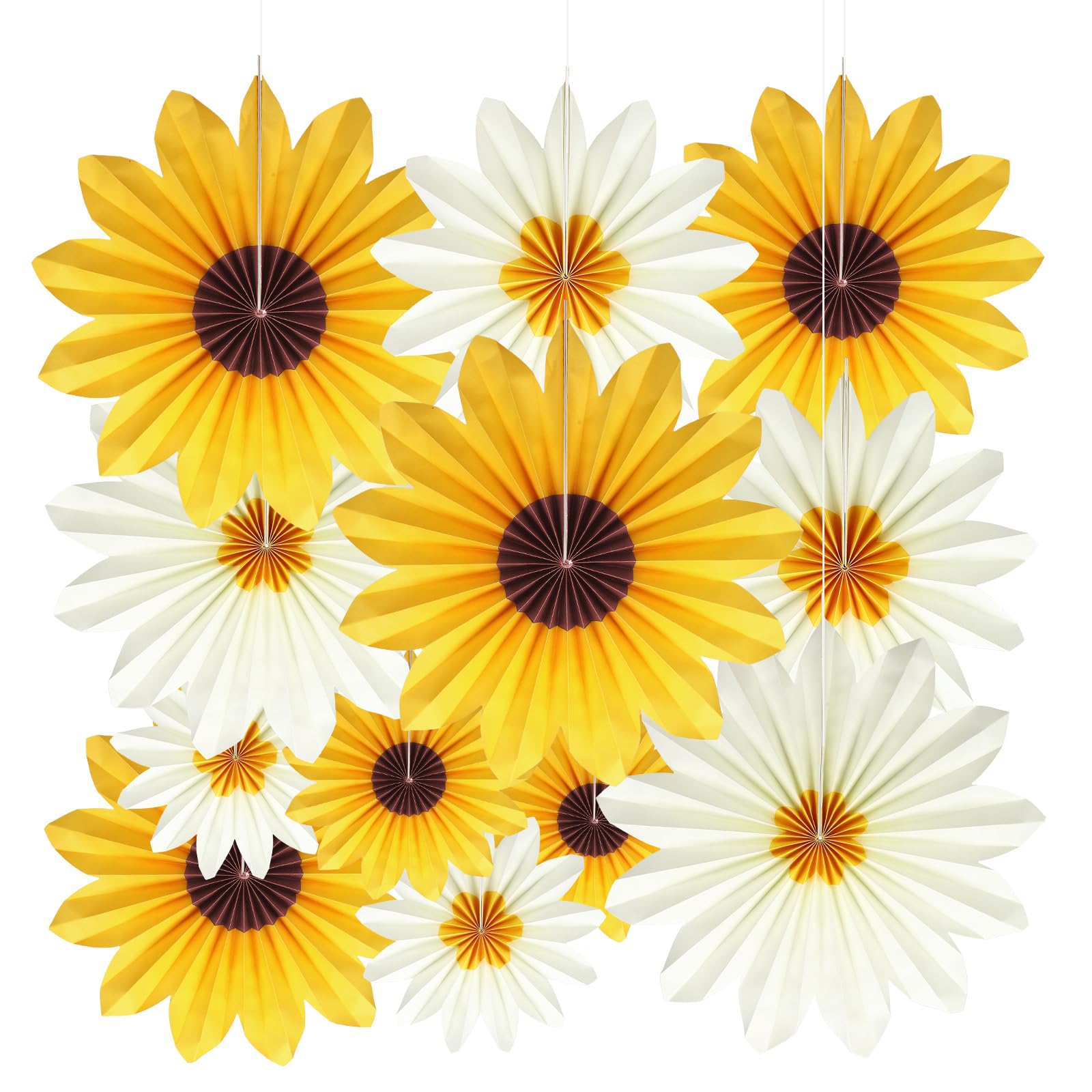 BestoFun Sunflower Party Decorations, 12 Pcs Yellow Hanging Paper Fans Beige Paper Flowers, Sunflower Theme Wall Decor for Baby Shower, Birthday, Spring & Summer Party Supplies