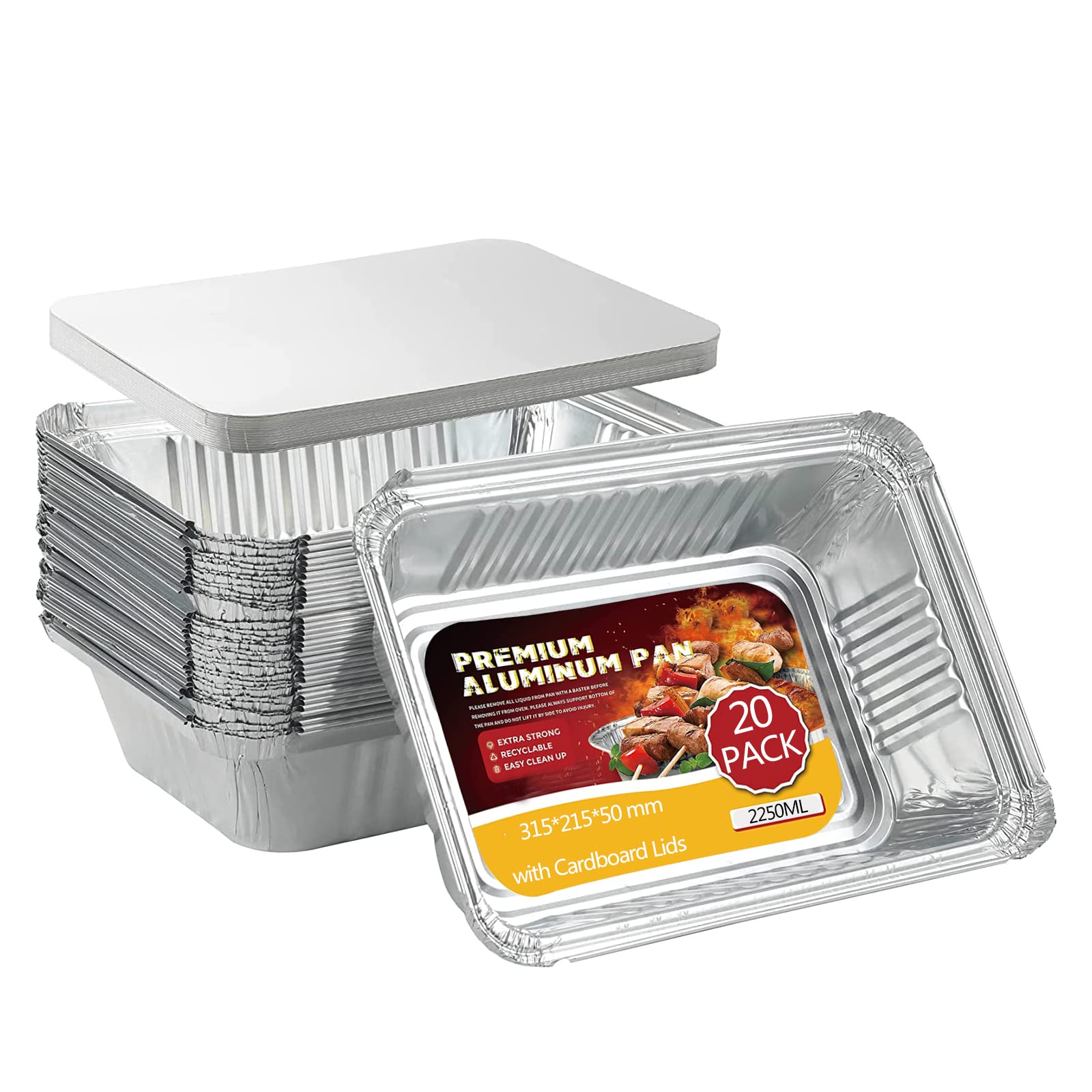 SUPERFA 20 Pack Large Aluminium Foil Trays with Lids, 2300ml Disposable Foil Trays for Oven Baking, BBQ(32x22x5cm)