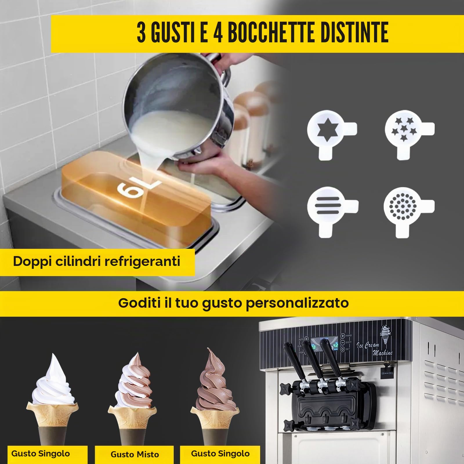 Macchina per Gelato soft professionale 2200W 20-28L/h 3 Gusti Macchina per Gelato Capienza 6Lx2 Pannello LCD Pulizia Automatica per Bar Ristorante Yogurt Caffè Hotel