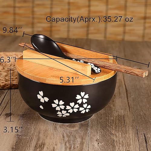 Miniatura 2 de WHJY Cuenco de cerámica negro con tapa, cuchara, palillos para sopa, arroz, fideos. Vajilla de estilo tradicional japonés.