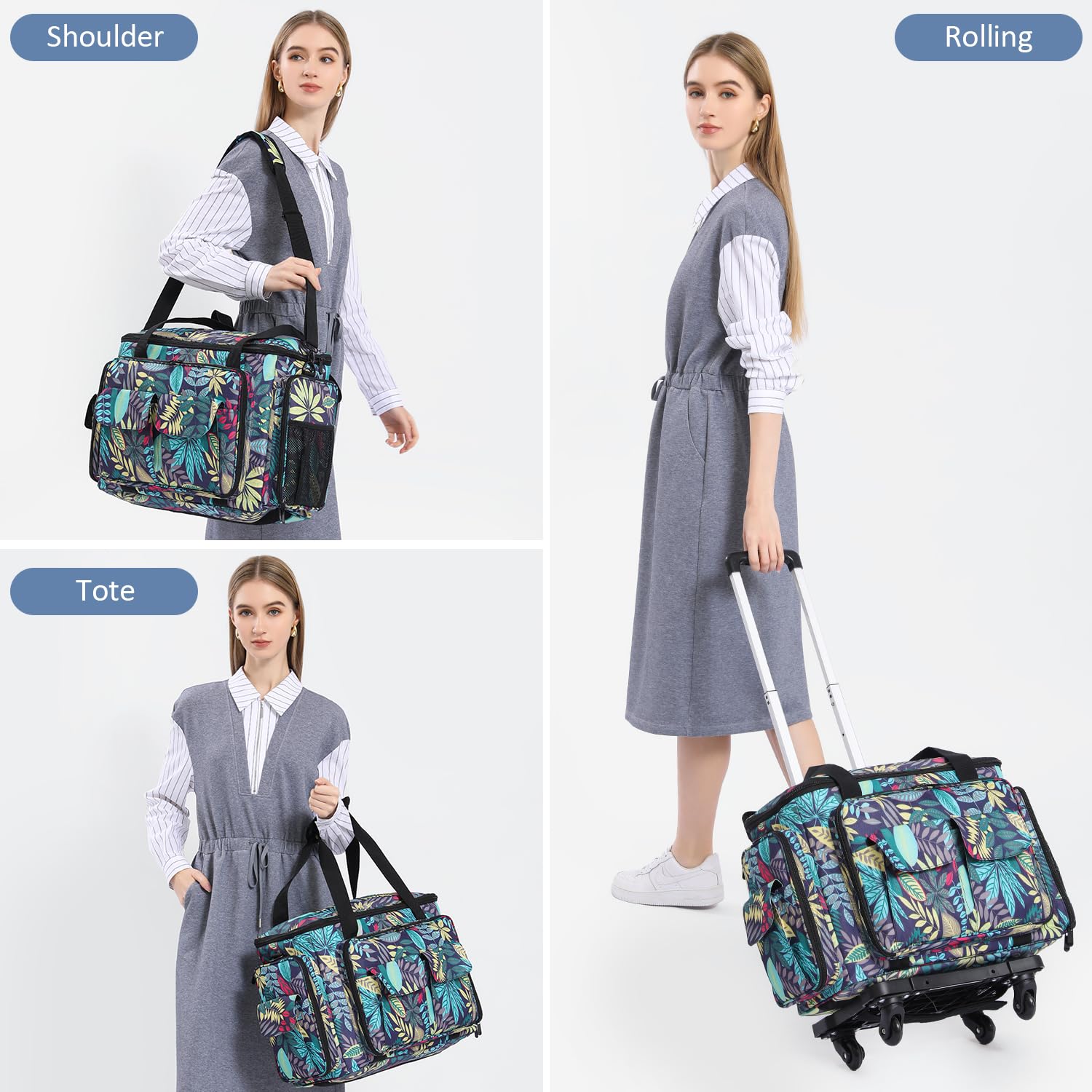 Nähmaschinenkoffer mit Rollen, Rolltasche für Nähmaschinen mit abnehmbarem Bodenpolster und Mehreren Aufbewahrungstaschen, kompatibel mit Singer und Brother, Blumenmuster mit Trolley, 17.3 x 9 x 13.4
