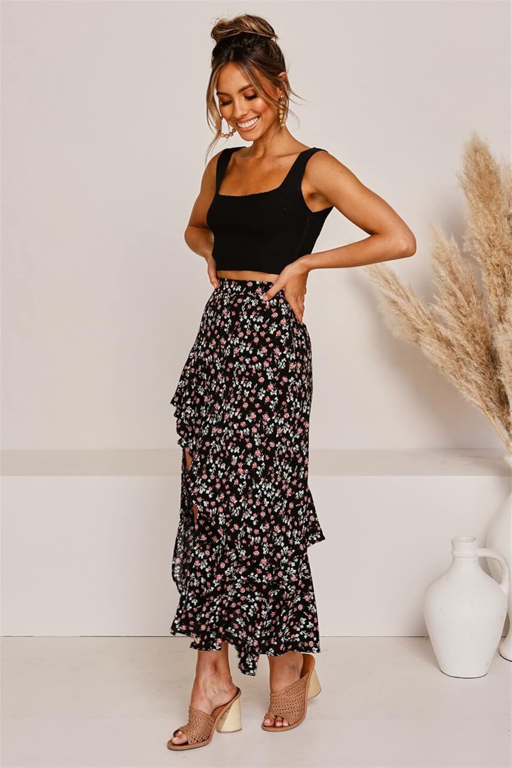 Womens Boho Floral Print Long Skirt Dress Chic High Low Side Split Ruffle Hem Elastic Waist Swing Maxi Dresses - Image 3