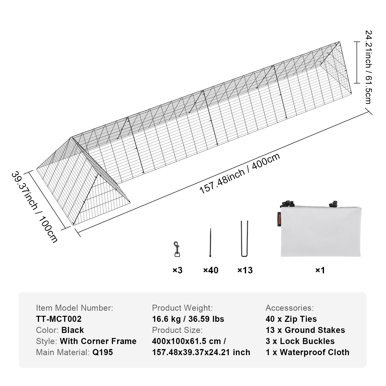 VEVOR Tunnel per Polli 400 x 100 x 61,5 cm (L x P x A) Recinto per Pollai Con Telai Angolari, Portatile per Esterno, Adatto per Polli, Anatre, Conigli