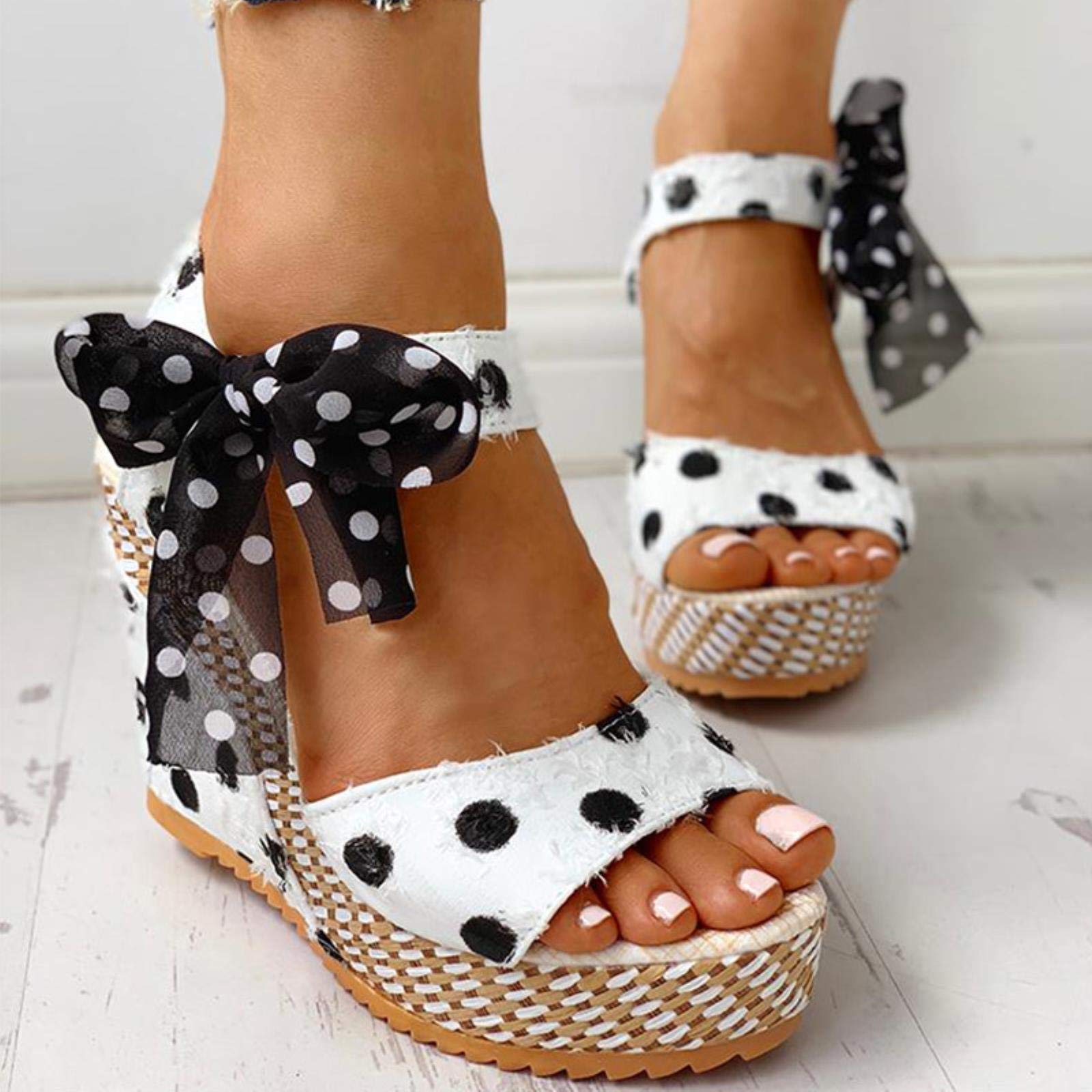 Sandalias de mujer con plataforma de punto Bowknot para mujer, zapatos casuales de aumento alto, con correa de tobillo abierta, sandalias de punta abierta, rosa, 37