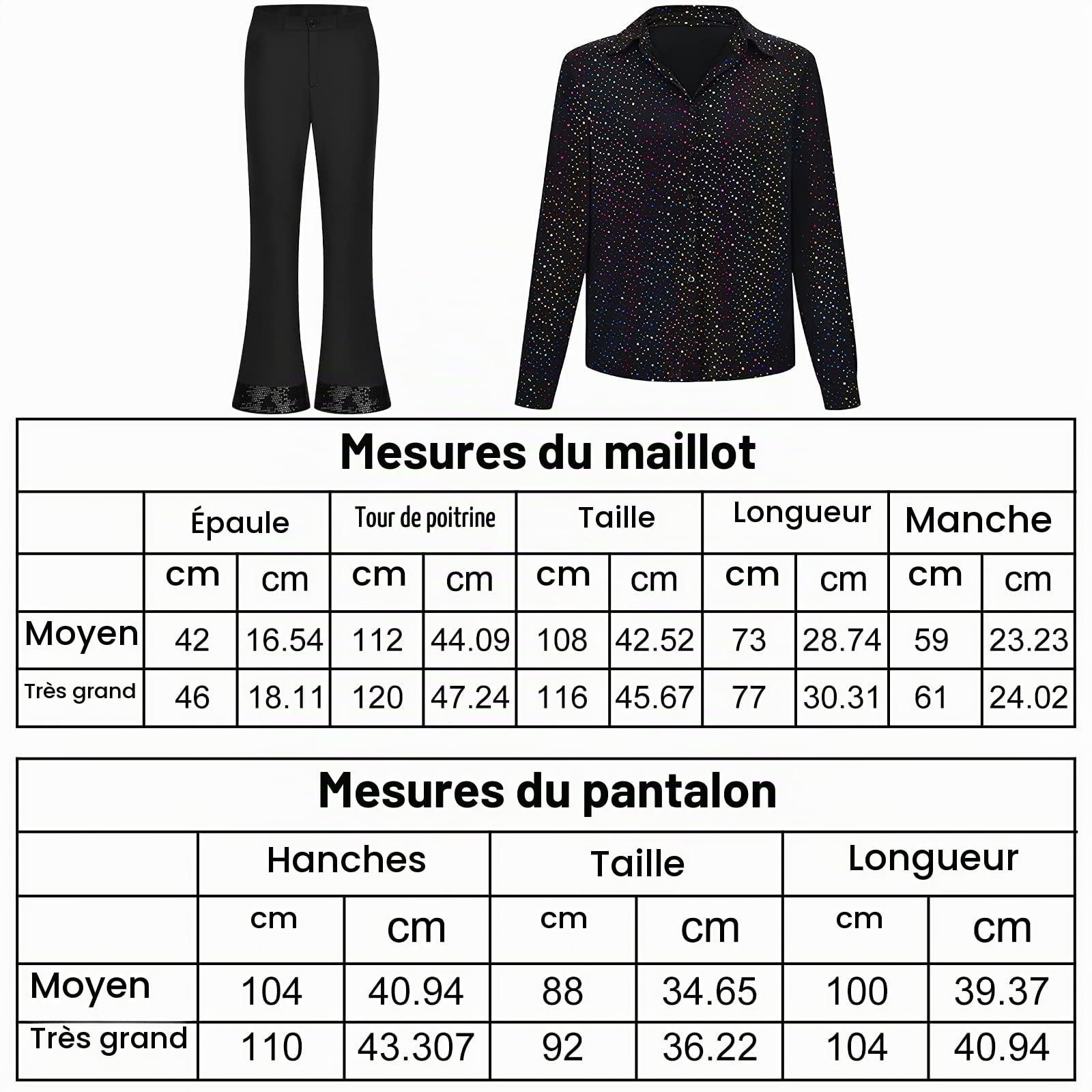 PLULON Hommes 70s Disco Costume Mec Chemise à Paillettes Cloche Bas Pantalon Ensemble avec Perruque Lunettes de Soleil Moustache Dollar Signe Chaîne Anneau Disco Accessoires