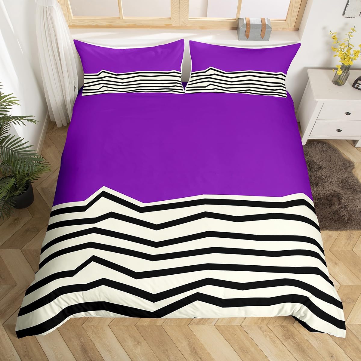 Homewish Purple Geometric King Size Duvet Cover Set - Abstract Black Wavy Striped Bedding with 2 Pillowcases - Chic Modern Stripe Printed Microfiber Quilt Cover Mid-Century Art Deco Bed Sets