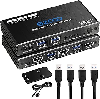 8K 60Hz 4K 120Hz HDMI 2.1 KVM Switch 2 in 1 Out HotKey USB3.0-2 Port KVM Switch for 2 Computer 1 Monitor,2 PCs Share 1 Set of Keyboard Mouse Printer Scanner for Mac Windows,IR Remote 2 USB3.0 Cable