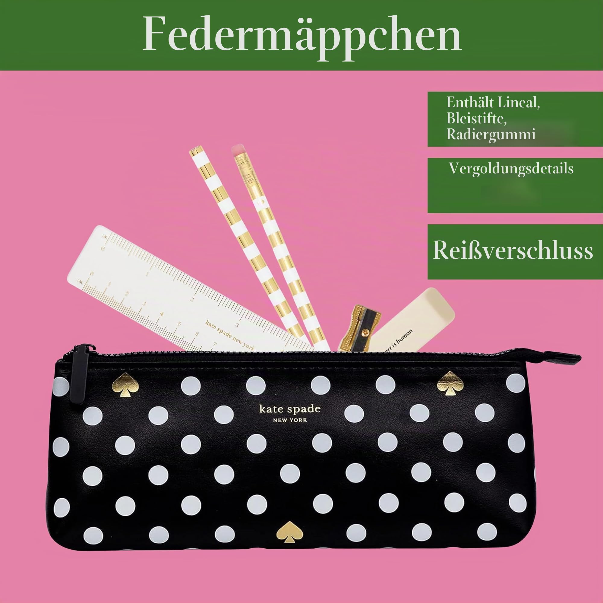 Kate Spade New York Federmäppchen mit Schulbedarf, Reißverschlusstasche inklusive 2 Bleistiften, Spitzer, Radiergummi und Lineal