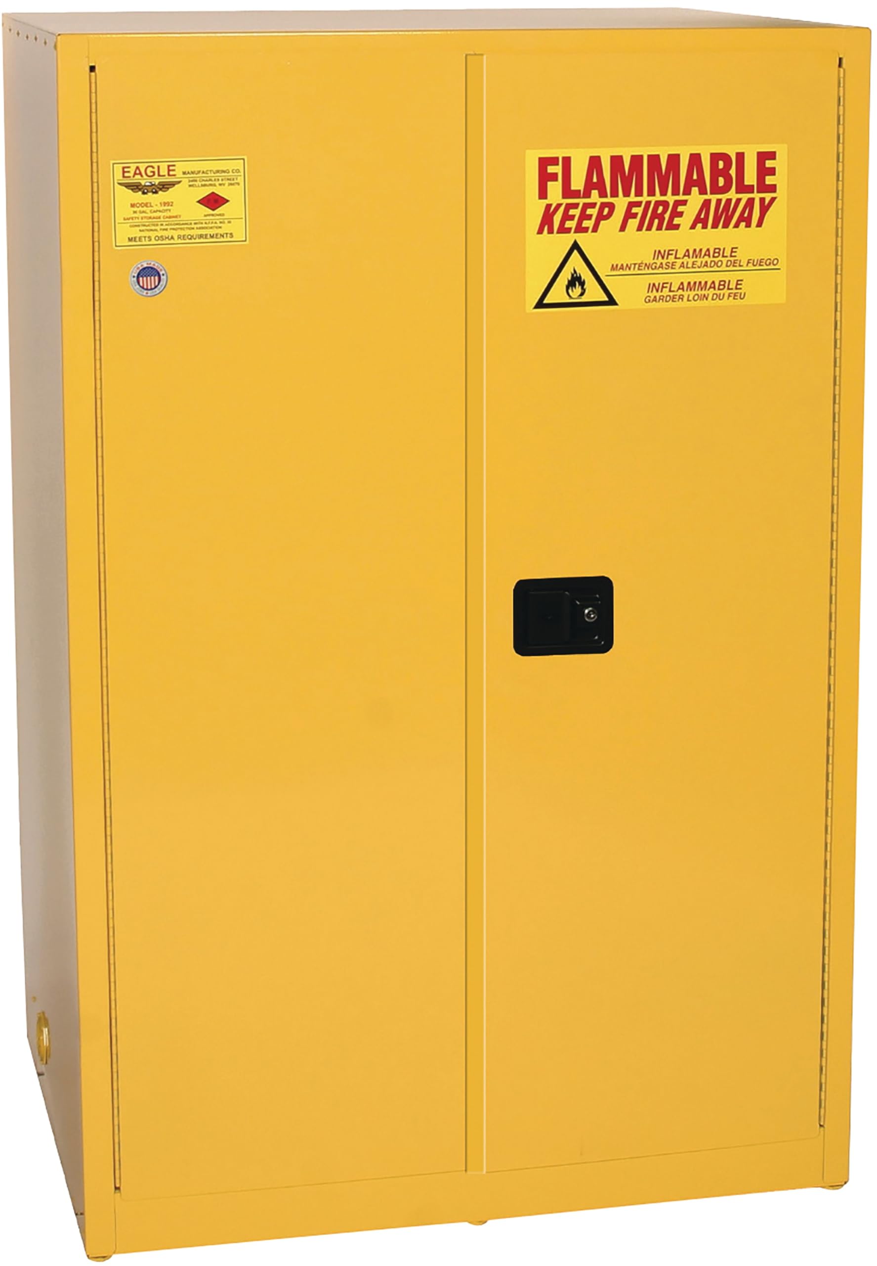 Eagle American Made 90 Gallon F﻿lammable Liquid Storage Cabinet, Self-Close Fireproof Cabinet for Schools, Garages, Manufacturing Facilities, 43" x 34" x 65", 9010X