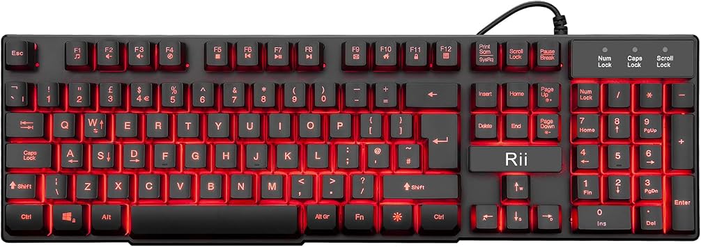 Rii Gaming Keyboard, RK100 Light Up Keyboard Mechanical Feeling Keyboard with 3 Single LED Backlit Color Red/Purple/Blue-UK Layout