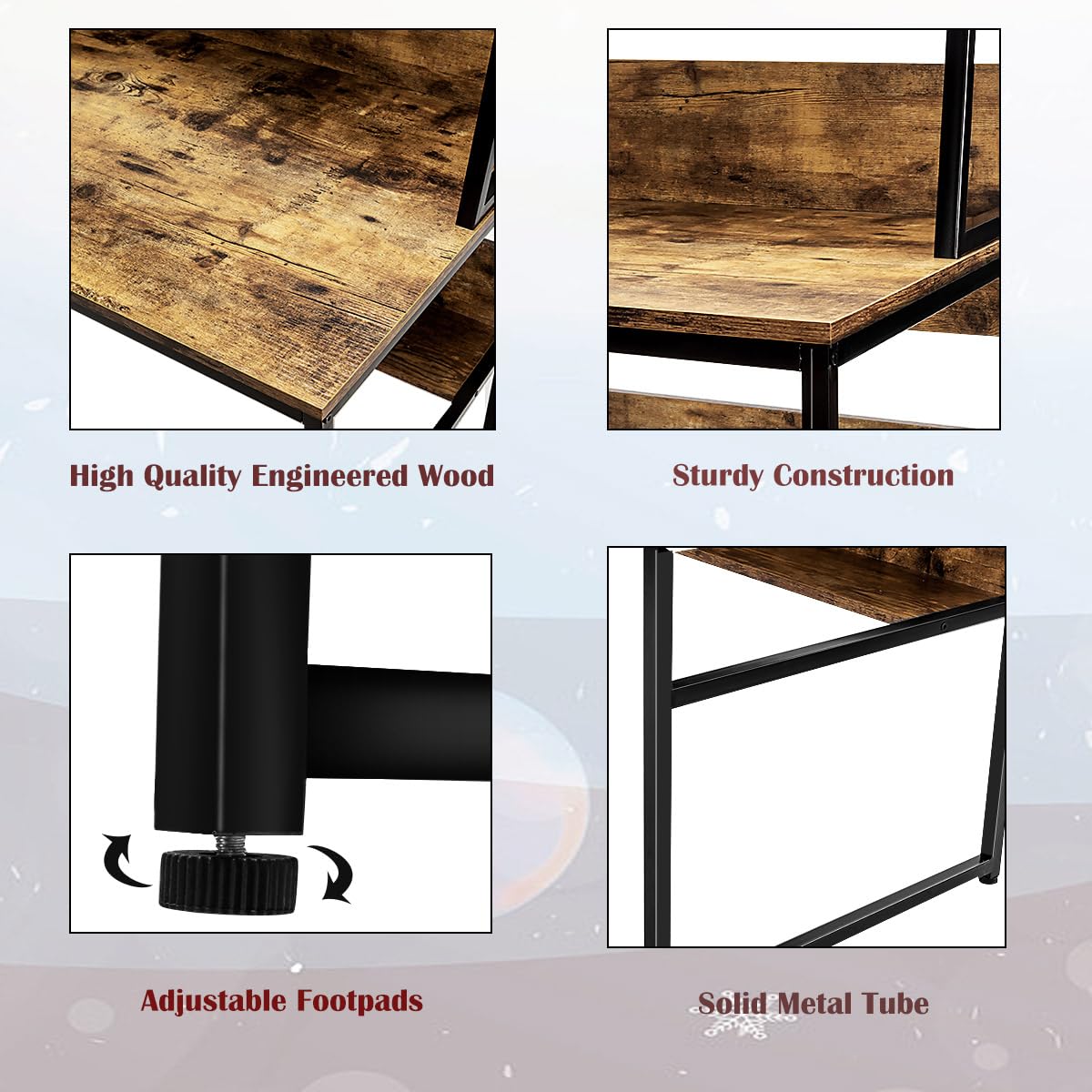 LIFEZEAL Scrivania con appoggio, scrivania per computer con ripiani, tavolo da lavoro multifunzione con libreria, tavoli da ufficio in legno, per studio e camera da letto, 120 x 57 x 140 cm (caffè)