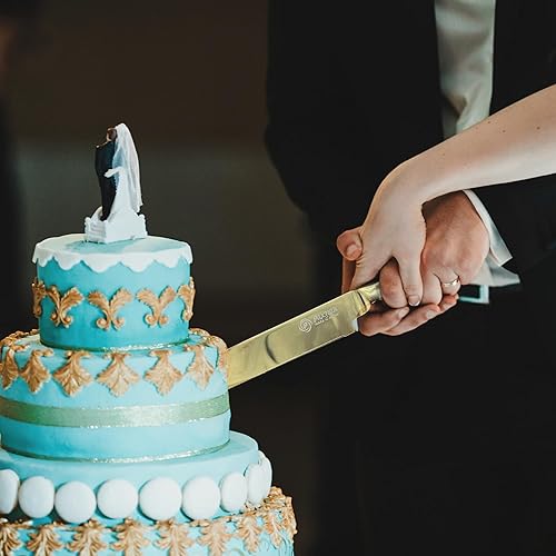 Miniatura 2 de Juego de 2 cuchillos dorados para pastel de boda y servidor con caja de regalo de lujo, juego de cuchillos de cumpleaños y juego de corte de tartas