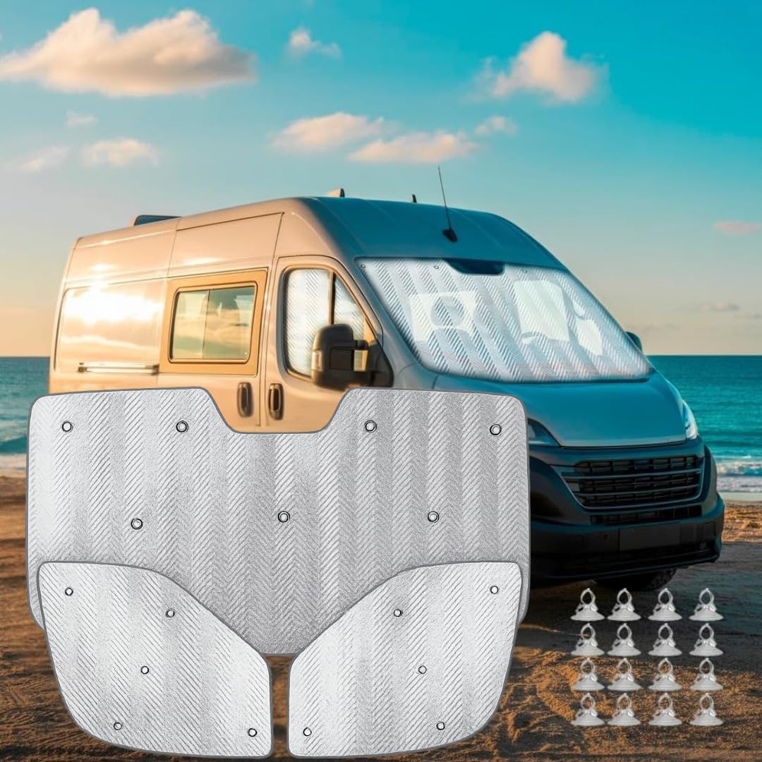 MJS Set di coperture termiche interne per parabrezza e finestrini compatibili con Fiat Ducato Citroen Jumper Peugeot Boxer 2006-2026 (3 pezzi) parabrezza termico per cabina camper parasole isolamento