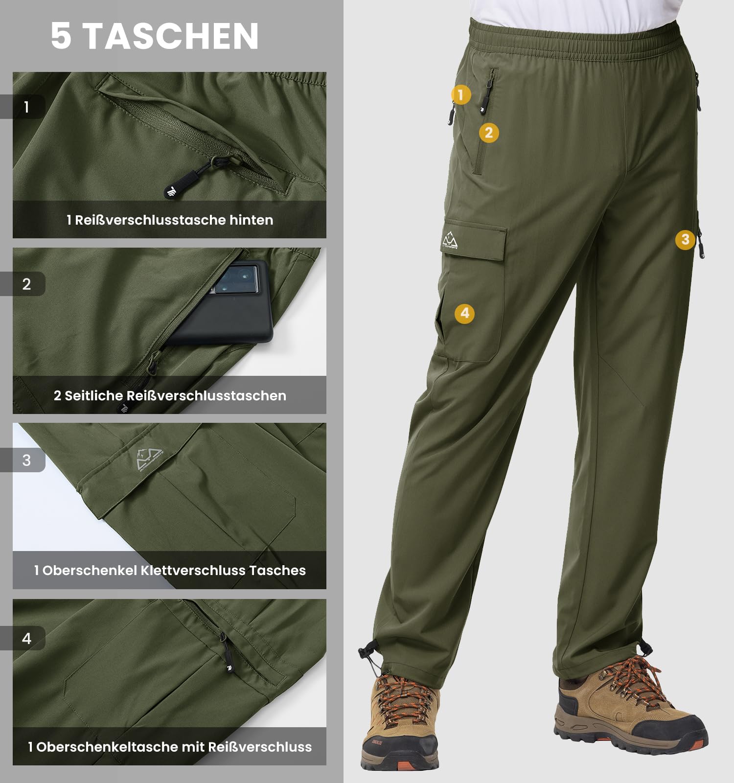 Rdruko Pantaloni da trekking da uomo, ad asciugatura rapida, impermeabili, elasticizzati, con 5 tasche, per escursioni, arrampicata, attività all'aperto