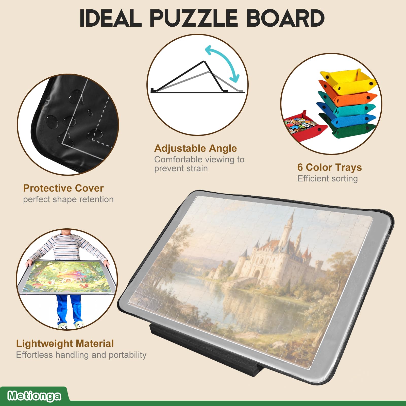 Plateau Puzzle 1000 Pièces, Support Réglable Breveté pour Puzzles | Support Réglable de 0°-30°, Pliante Antidérapante Planche Puzzles, Table Puzzle en Feutre avec 6 Trieur et 1 Couvertur