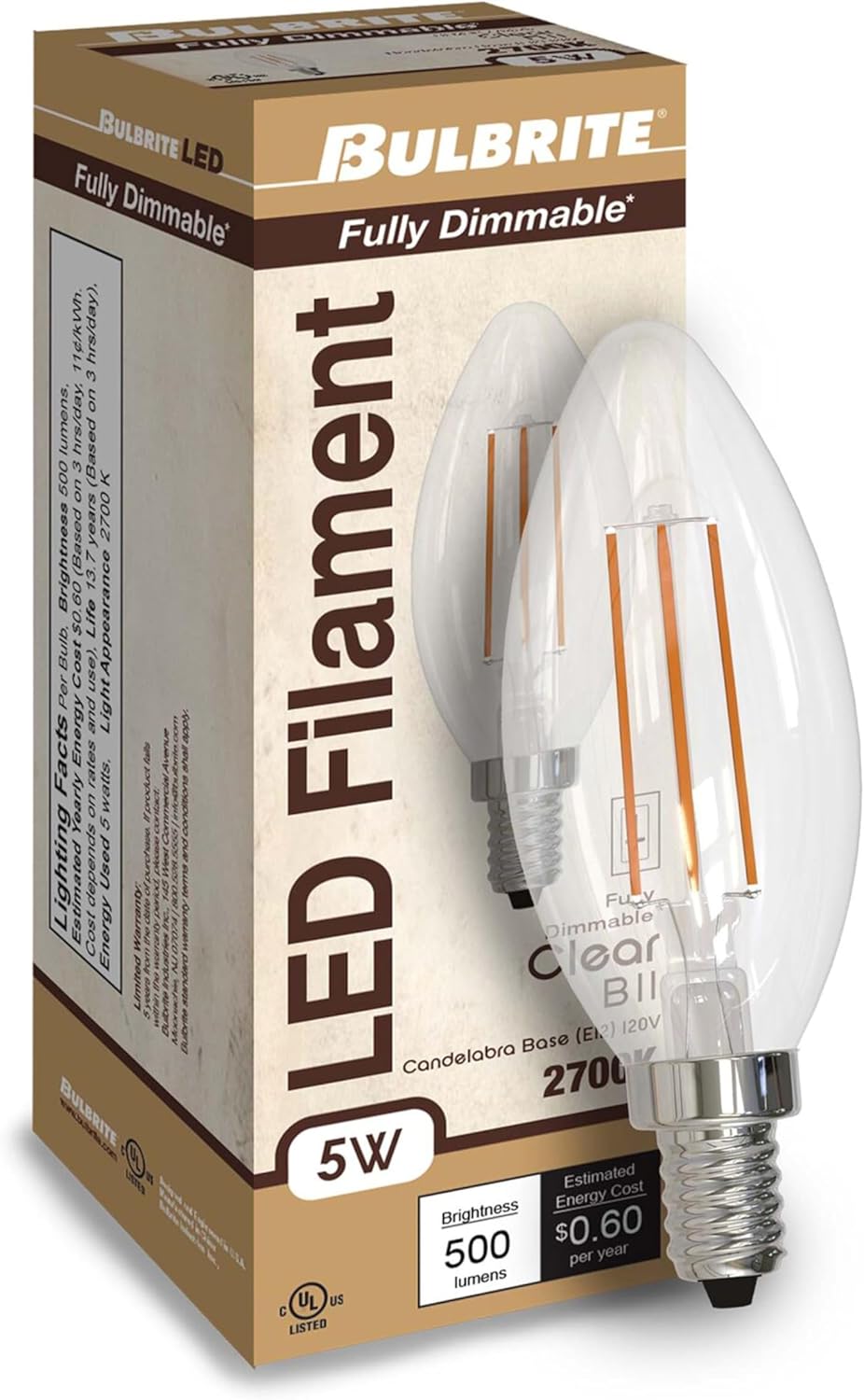 Bulbrite (Pack of 10) Item 776626, High Lumen Higher Equivalency, 5 Watt Clear B11 LED Filament Light Bulb, E12 Candelabra Base, 2700K 500 Lumens, LED5B11/27K/FIL/E12/3 10-Pack