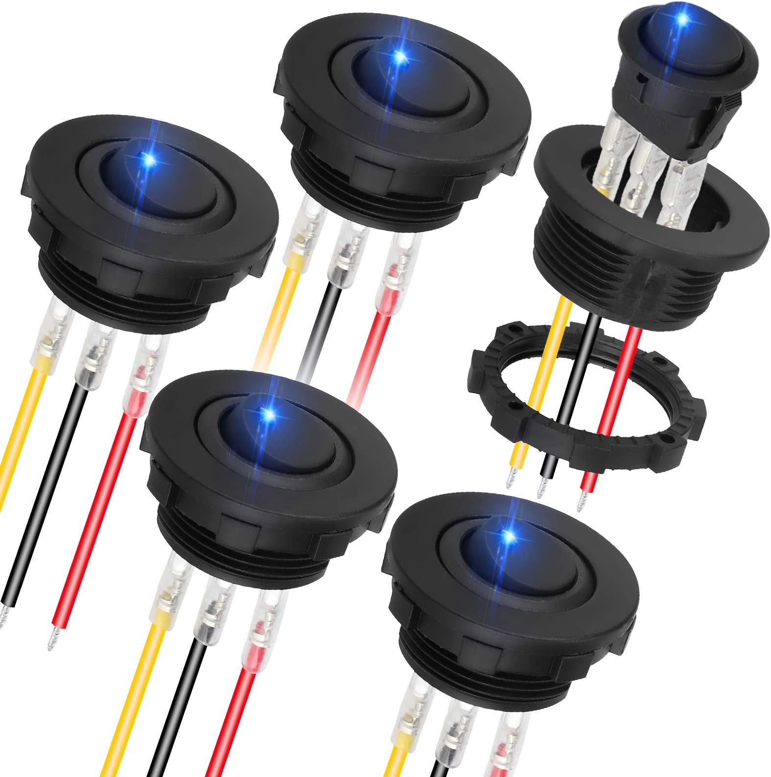 Linkstyle 5PCS Round Rocker Toggle Switch, 12V 20A LED Rocker Switch, SPST 3 Pin ON/Off Waterproof Toggle Switch for Car