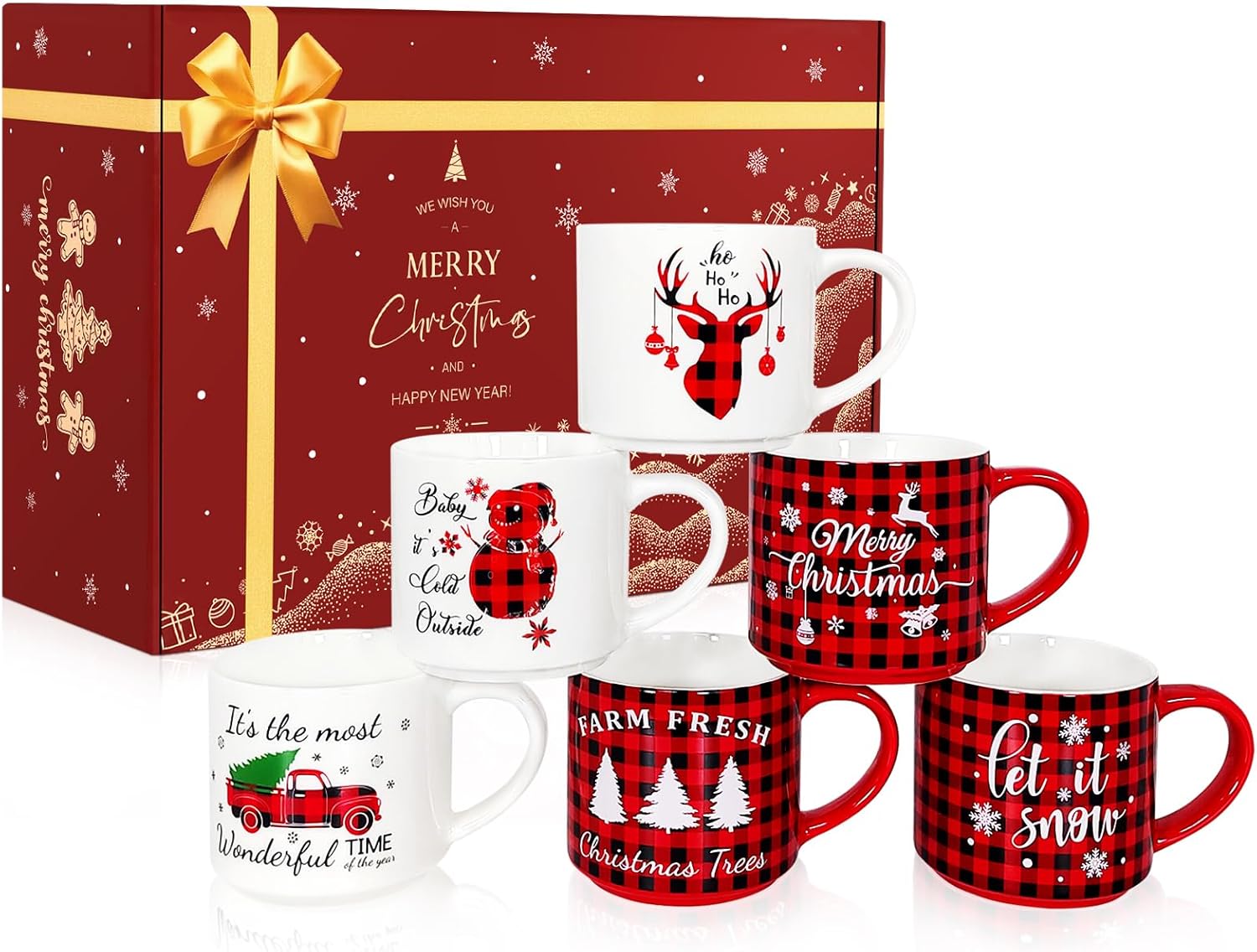 QIKSION 16oz Christmas Coffee Mugs Set of 6, Large Hot Chocolate Mugs, Holiday Cocoa Ceramic Mug Gift Set for Family, Friends and Colleagues(Red Black Plaid, White)