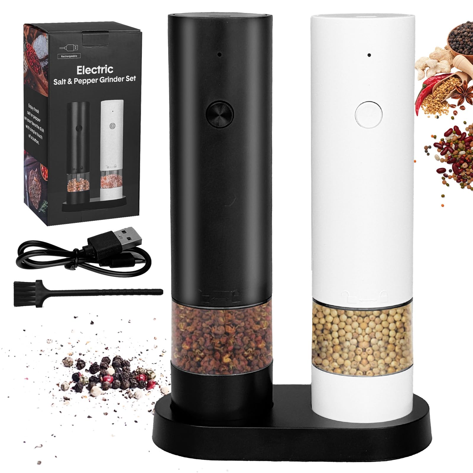 Electric Salt and Pepper Grinder Set with Storage Base, Black & White