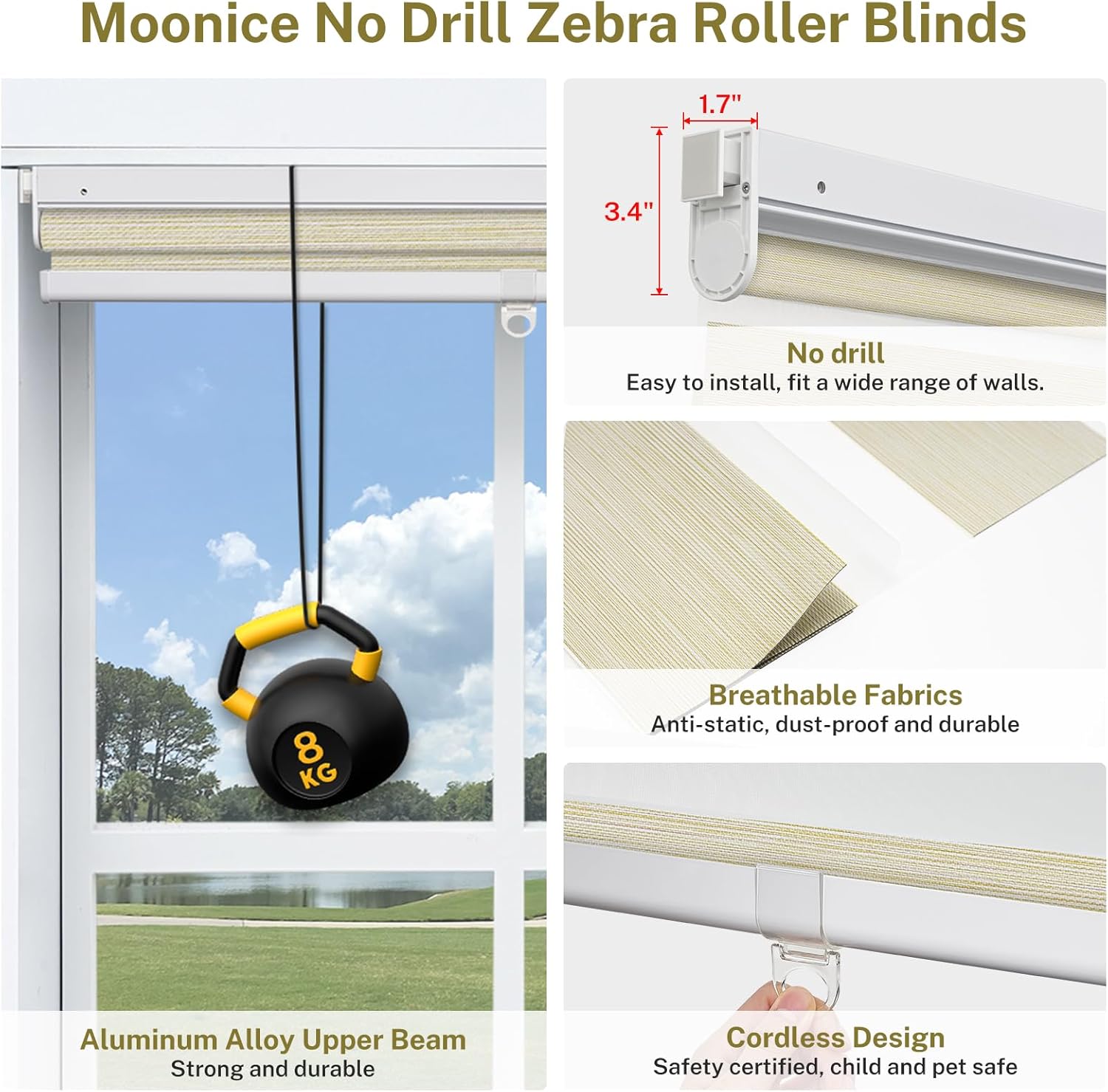 No Drill No Tools Cordless Zebra Blinds for Windows Dual Layer Blinds No Drill Roller Shades with Upgraded Cassette Control Day and Night Easy to Install Zebra Shades for Home,Beige Camel