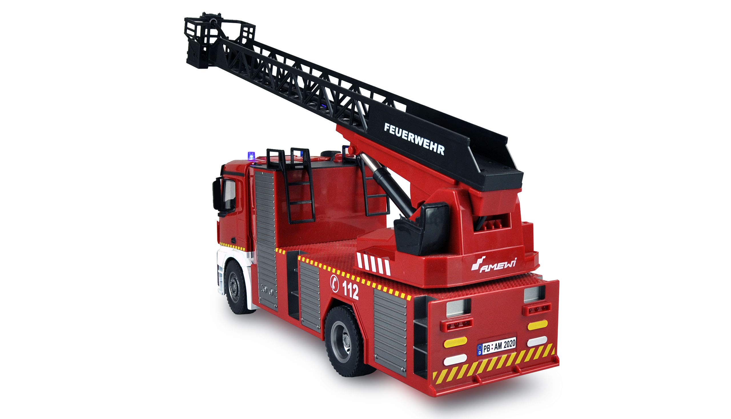 Amewi 22502 Mercedes-Benz Feuerwehr Drehleiterfahrzeug 1:18, RTR, Lizenzfahrzeug, Rot/Weiß