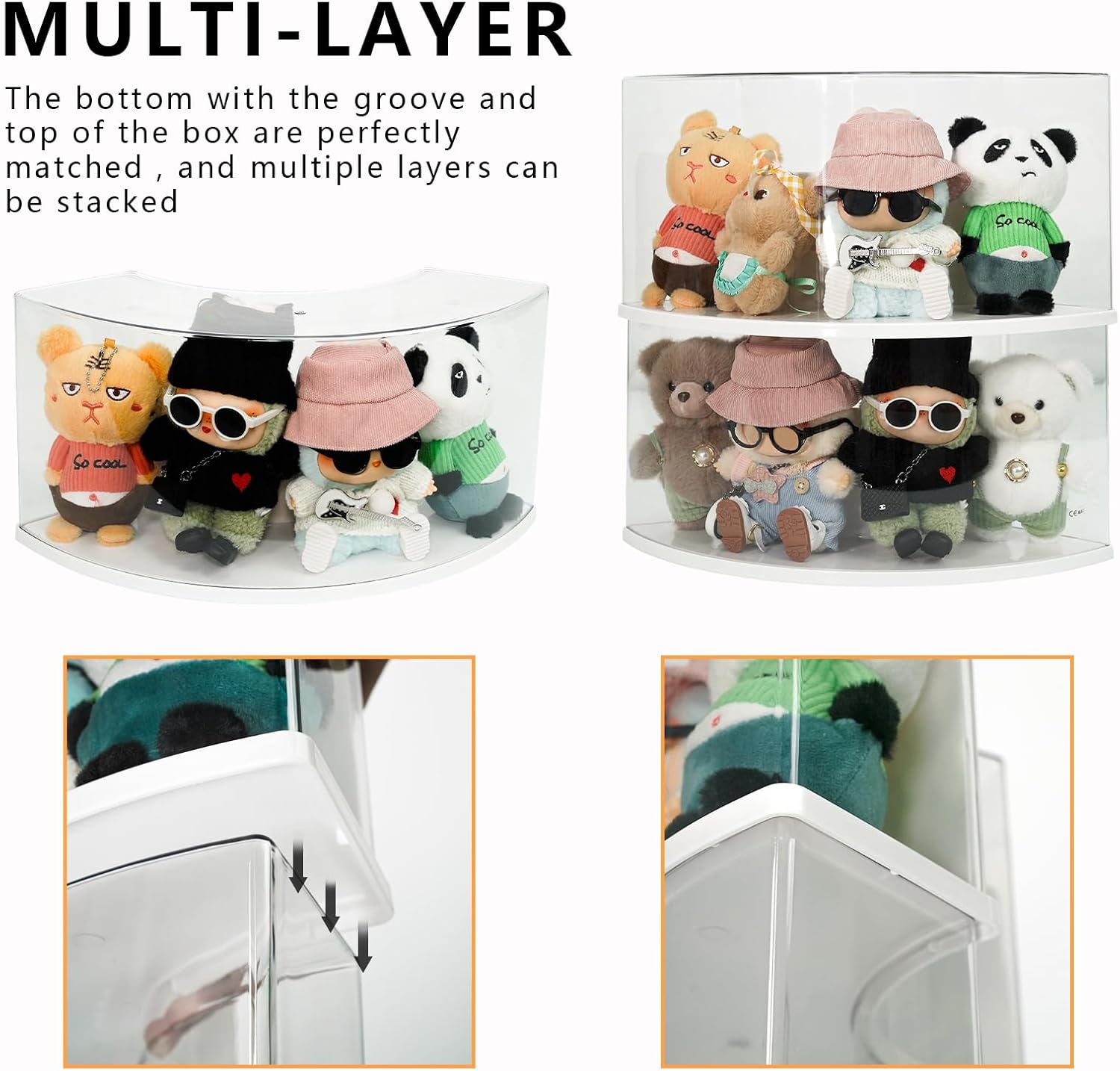 Arc-Shaped Clear Doll Display Case Compatible with Labubu - Curved Corner Stackable Organizer for 7 Inch Collectibles, Dust-Proof Toy Storage Box with Top Shelf | No Assembly Needed