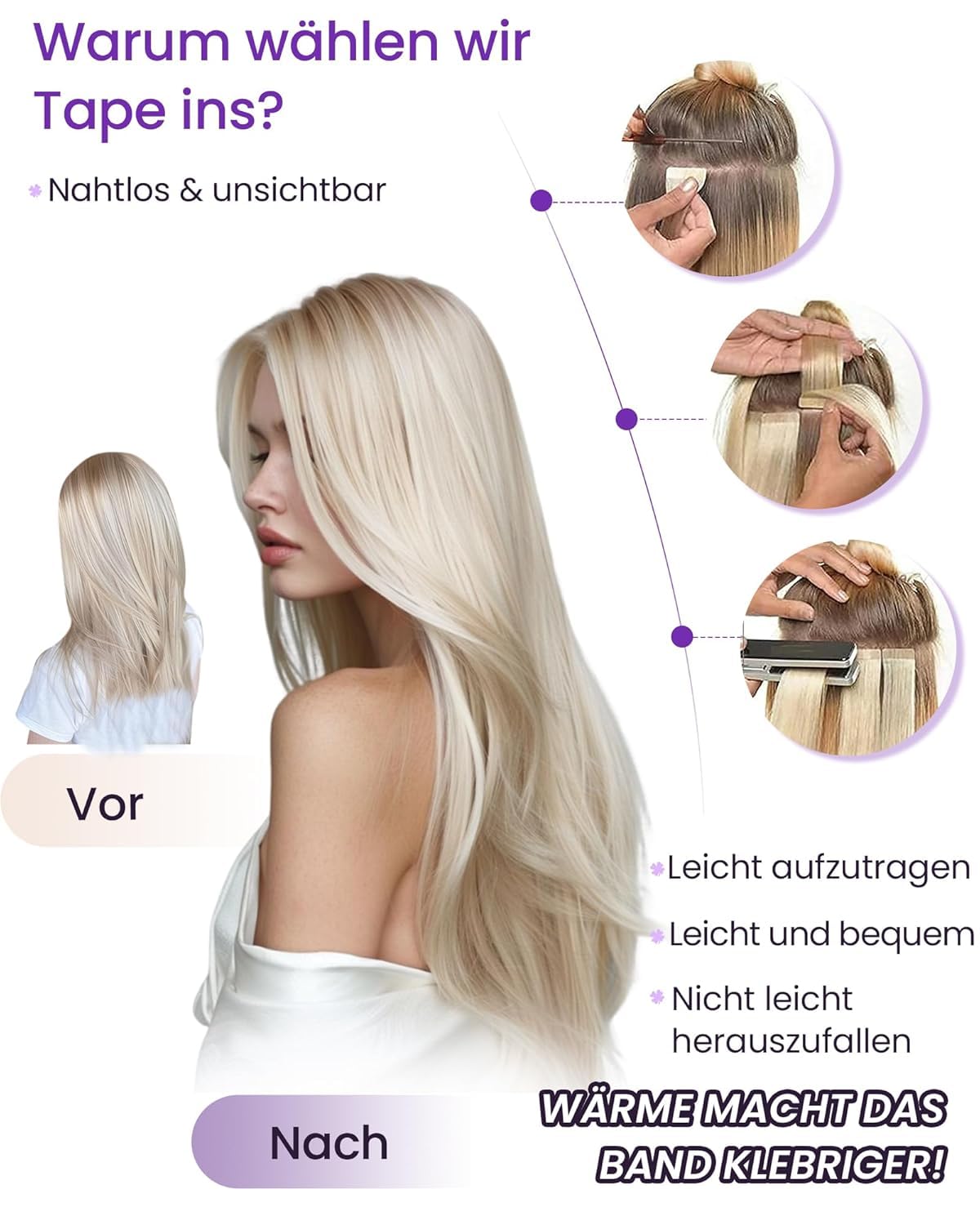 LaaVoo Tape in Extensions Echthaar Ombre Blond Echthaar Extensions Tape Balayage Hellbraun zu Ashblond Platinblond Remy Tapes Extensions Echthaar 20pcs #8/18/60 30g 30cm