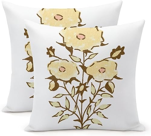 Zyadsinoudor Set of 2 Pillow Cover Yellow Flower Cushion Cases Oriental Chinese 16x16in Decorative Pillow Home Cotton Linen Elegant Pillow Cover for