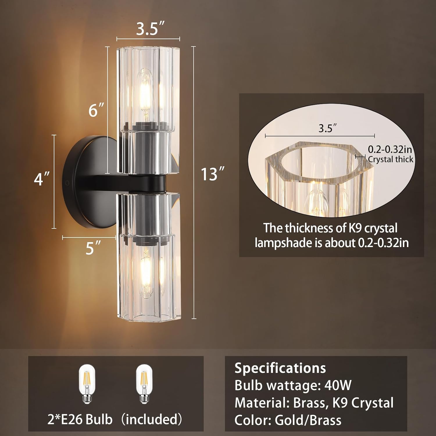 Black Crystal Wall Sconces,K9 Crystal Sconces Wall Lighting,Crystal Modern Wall Sconces Indoor Sconce Light Fixtures Bedroom Wall Sconce for Bathroom,Stairway,Entryway,Hallway, Living