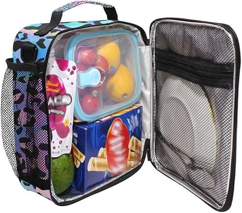 Miniatura 4 de MNSRUU Bolsas de almuerzo para niños y niñas, estudiantes, diseño de leopardo arcoíris, reutilizable, aislada, bolsa de almuerzo organizadora, kit