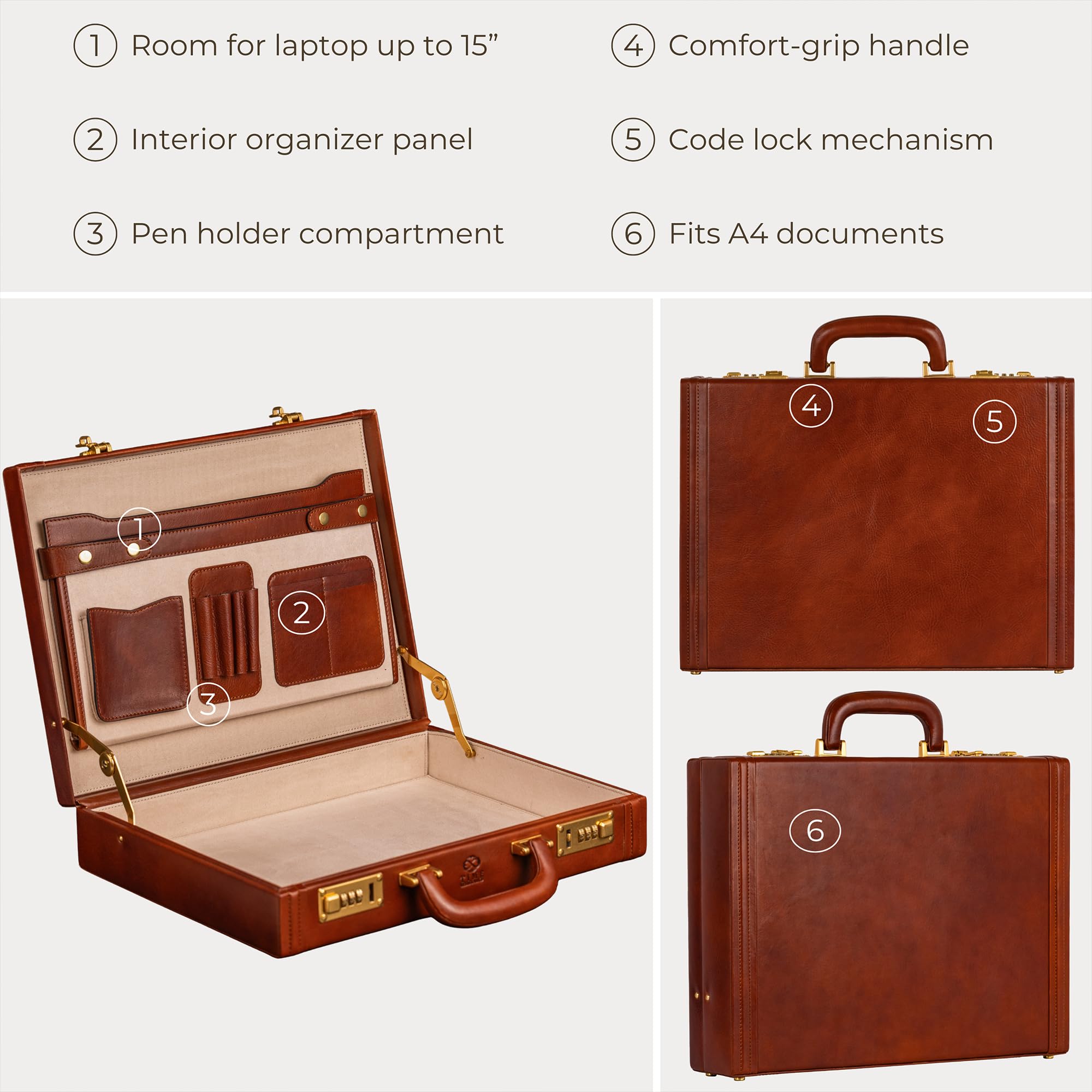 Time Resistance Leather Attache Case - Aktówka z włoskiej skóry licowej - Torba na laptopa do 15 cali - Twarde etui z zamkiem